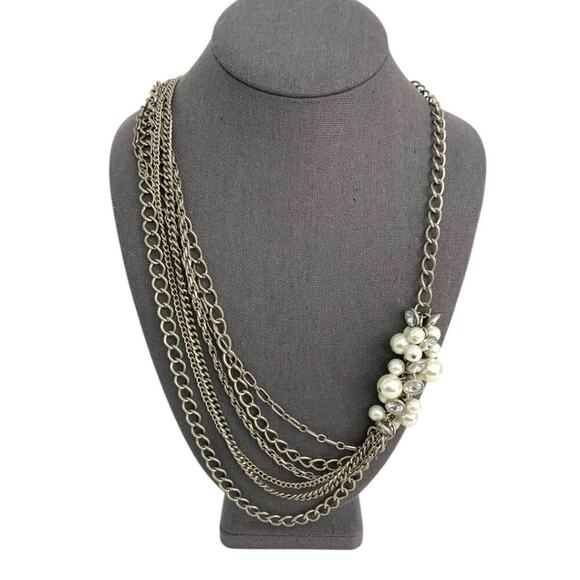 Premier Designs Silver Tone Layered Beaded Faux Pearl Rhinestone Necklace - Picture 1 of 5